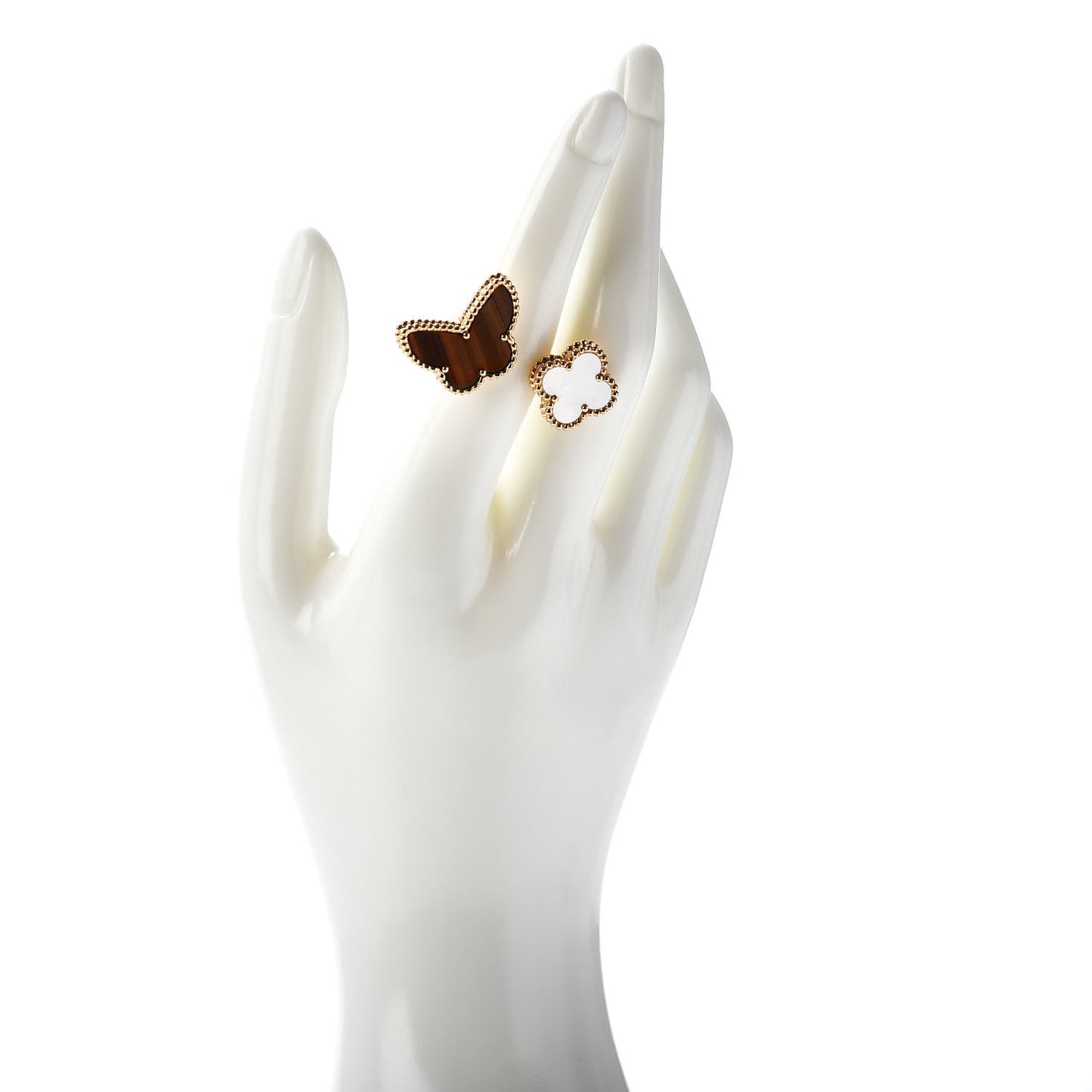 18K Yellow Gold Mother of Pearl Tiger Eye Lucky Alhambra Between the Finger Ring 50 5.25