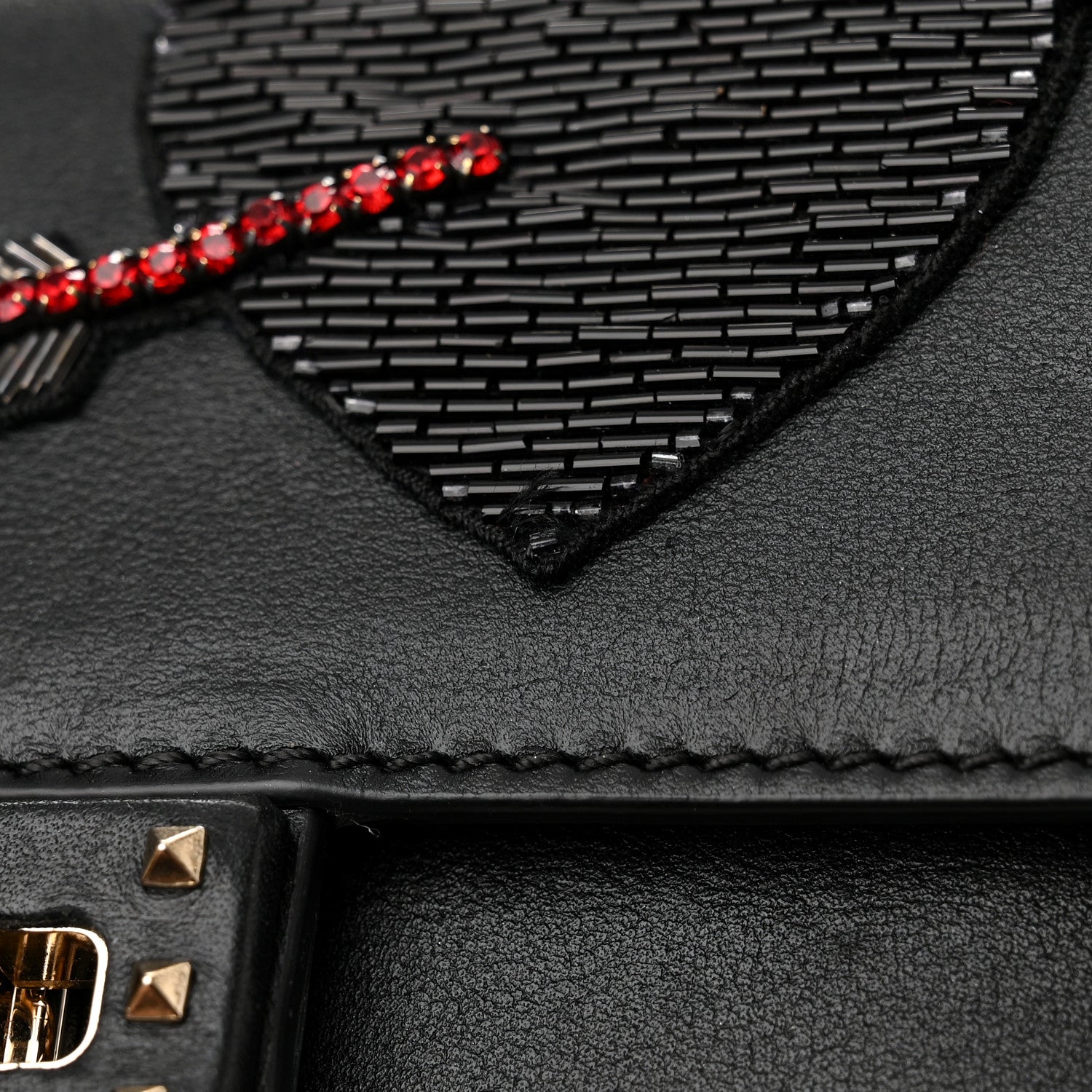 Valentino Garavani Calfskin Crystal Bead Embellished Mini Rockstud Love Story Ruffle Strap Bag Black 16 of 21