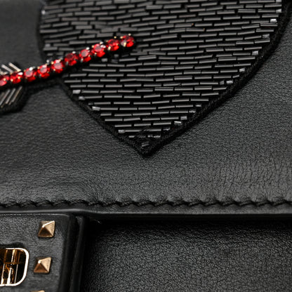 Valentino Garavani Calfskin Crystal Bead Embellished Mini Rockstud Love Story Ruffle Strap Bag Black 16 of 21