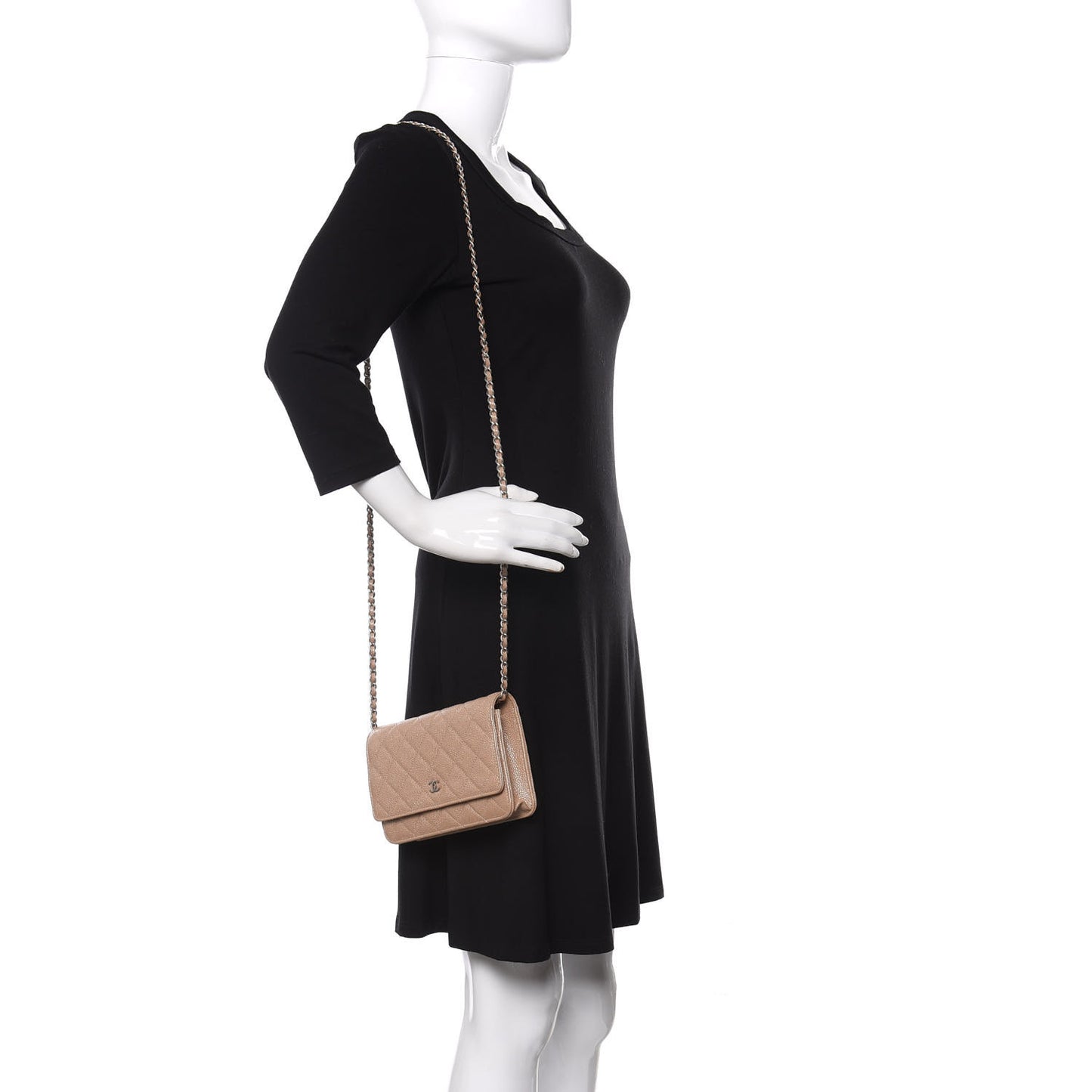 Pearly Caviar Quilted Wallet On Chain WOC Dark Beige
