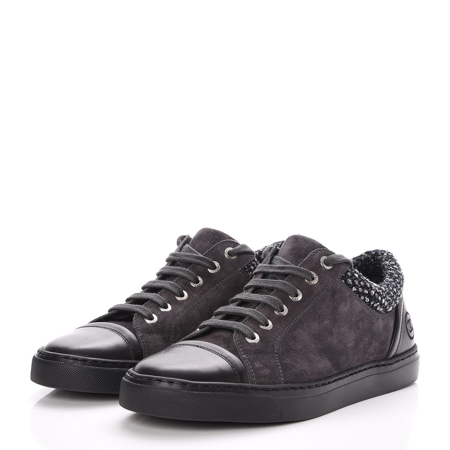 Suede Calfskin Tweed Low Top Sneakers 37 Dark Grey