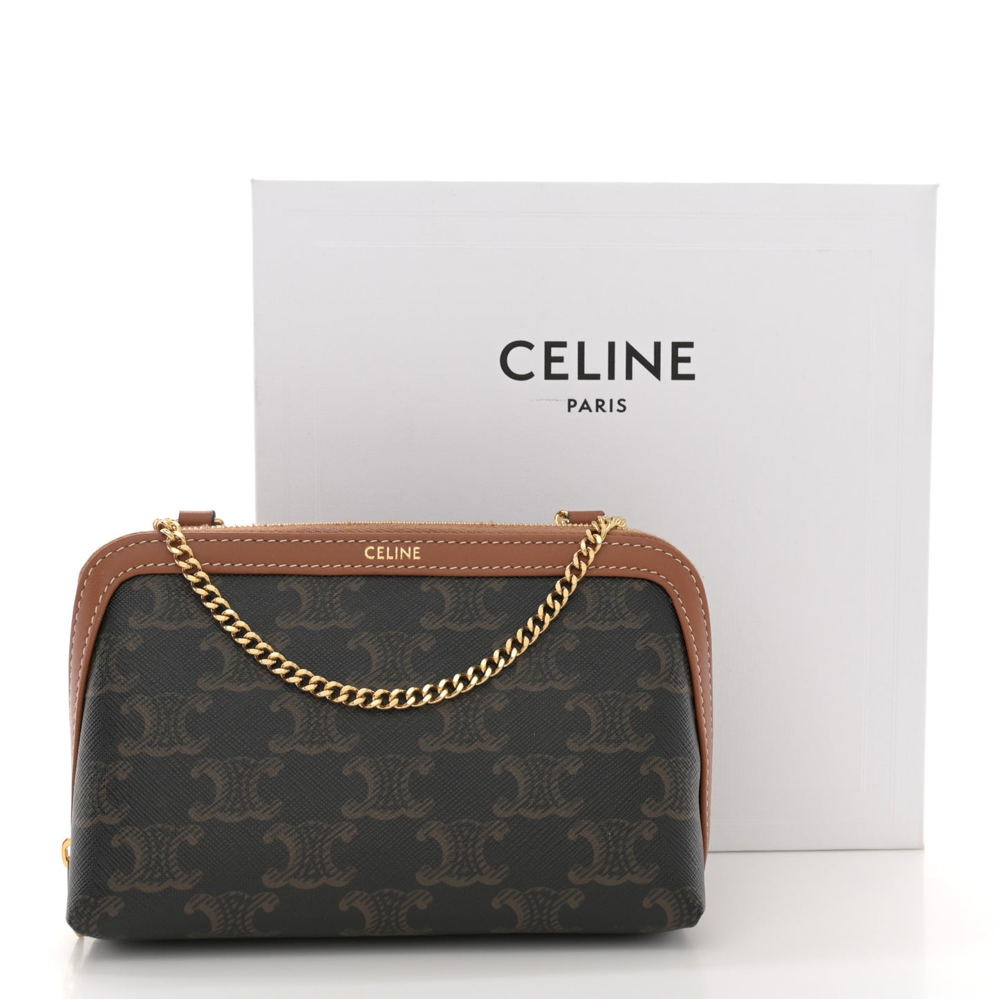Triomphe Canvas Lambskin Clutch On Chain Tan