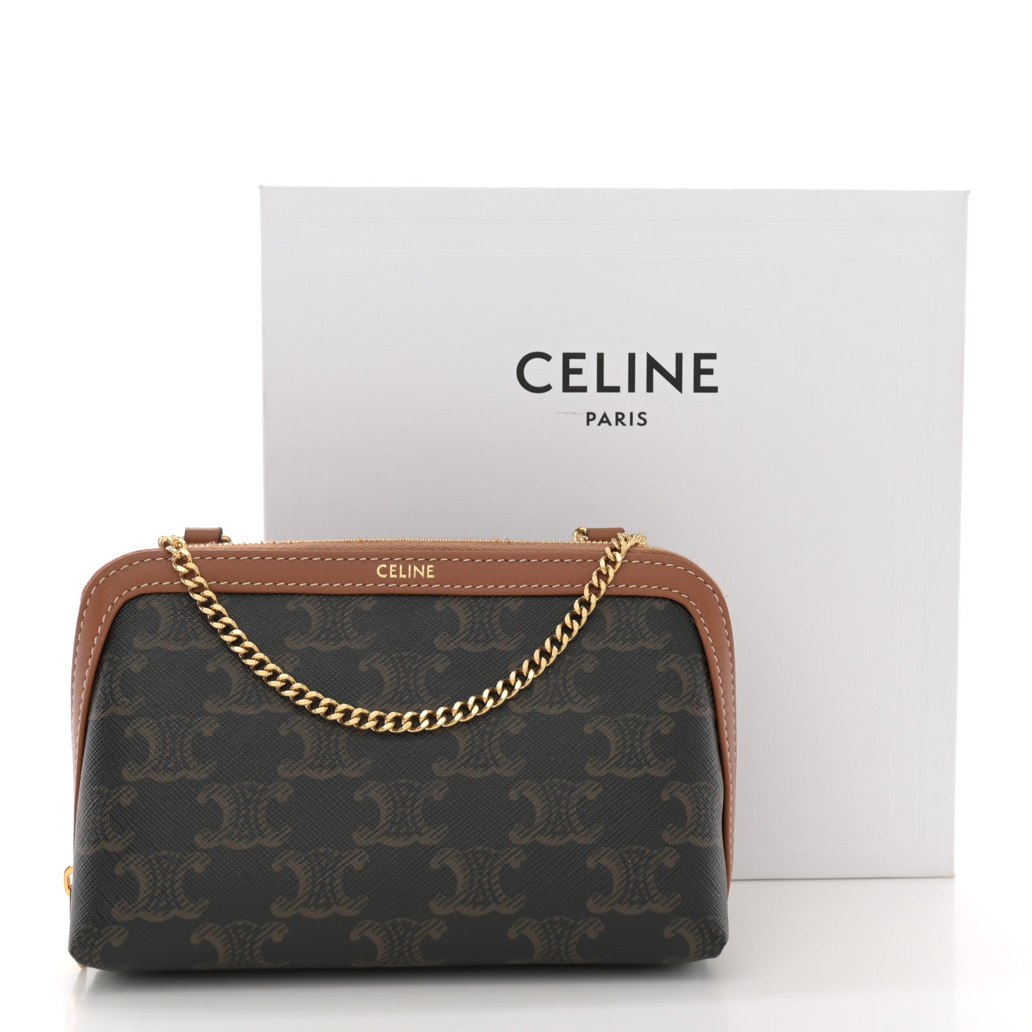 Celine Triomphe Canvas Lambskin Clutch On Chain Tan 12 of 12