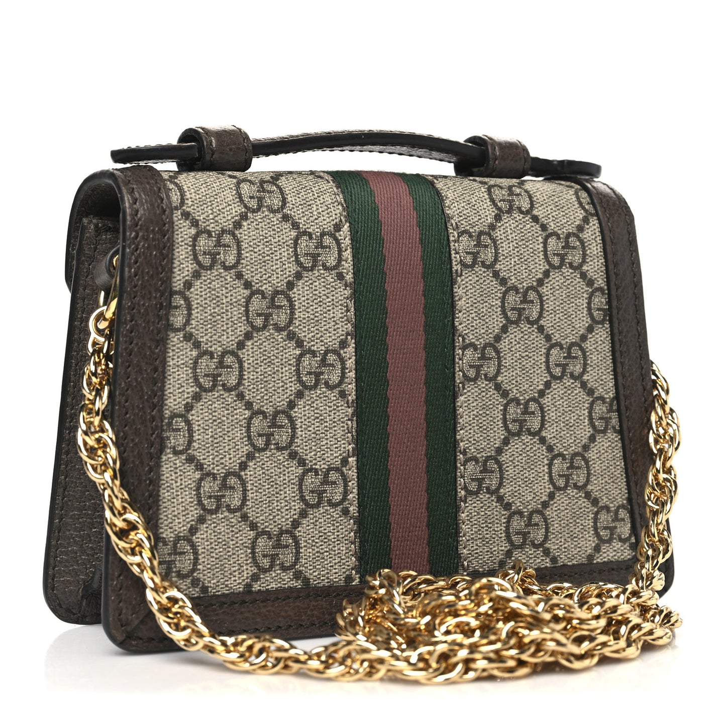 GG Supreme Monogram Textured Dollar Calfskin Web Mini Ophidia Padlock Top Handle Chain Shoulder Bag Beige Ebony New Acero