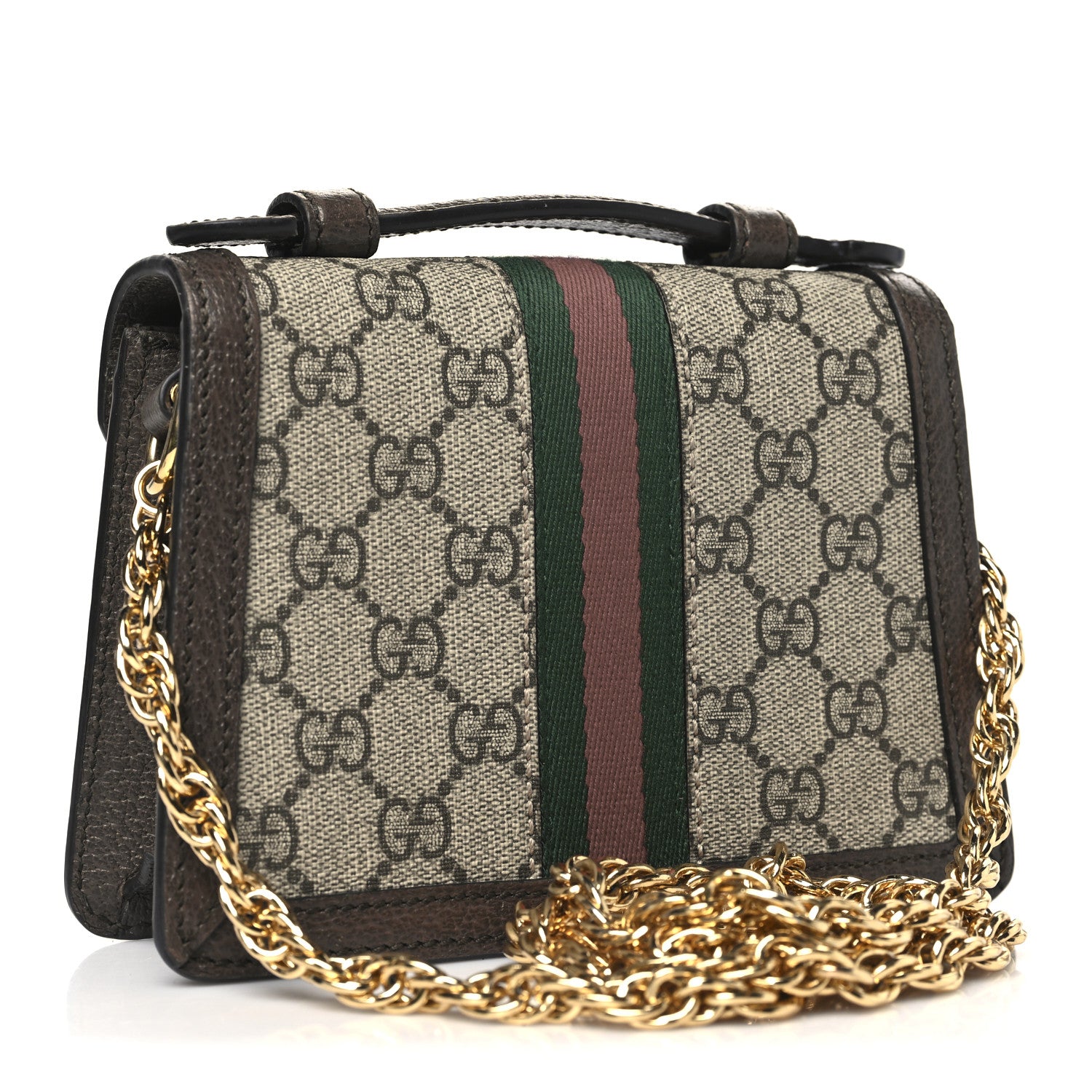 Gucci GG Supreme Monogram Textured Dollar Calfskin Web Mini Ophidia Padlock Top Handle Chain Shoulder Bag Beige Ebony New Acero 3 of 10