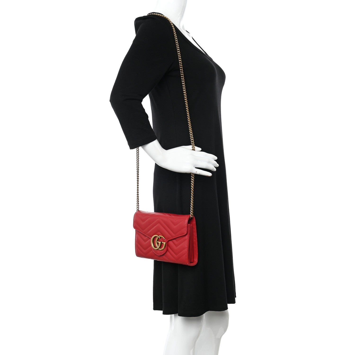 Gucci Calfskin Matelasse GG Marmont Chain Wallet Hibiscus Red 2 of 17