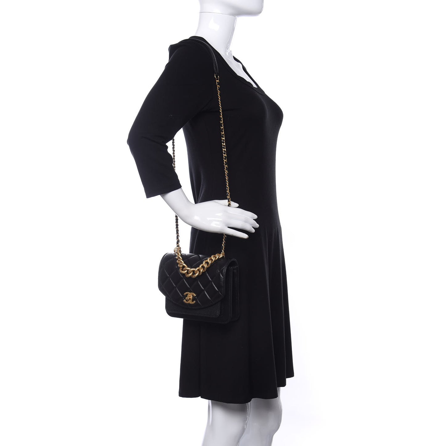 Calfskin Caviar Quilted Mini Chain Handle Flap Black