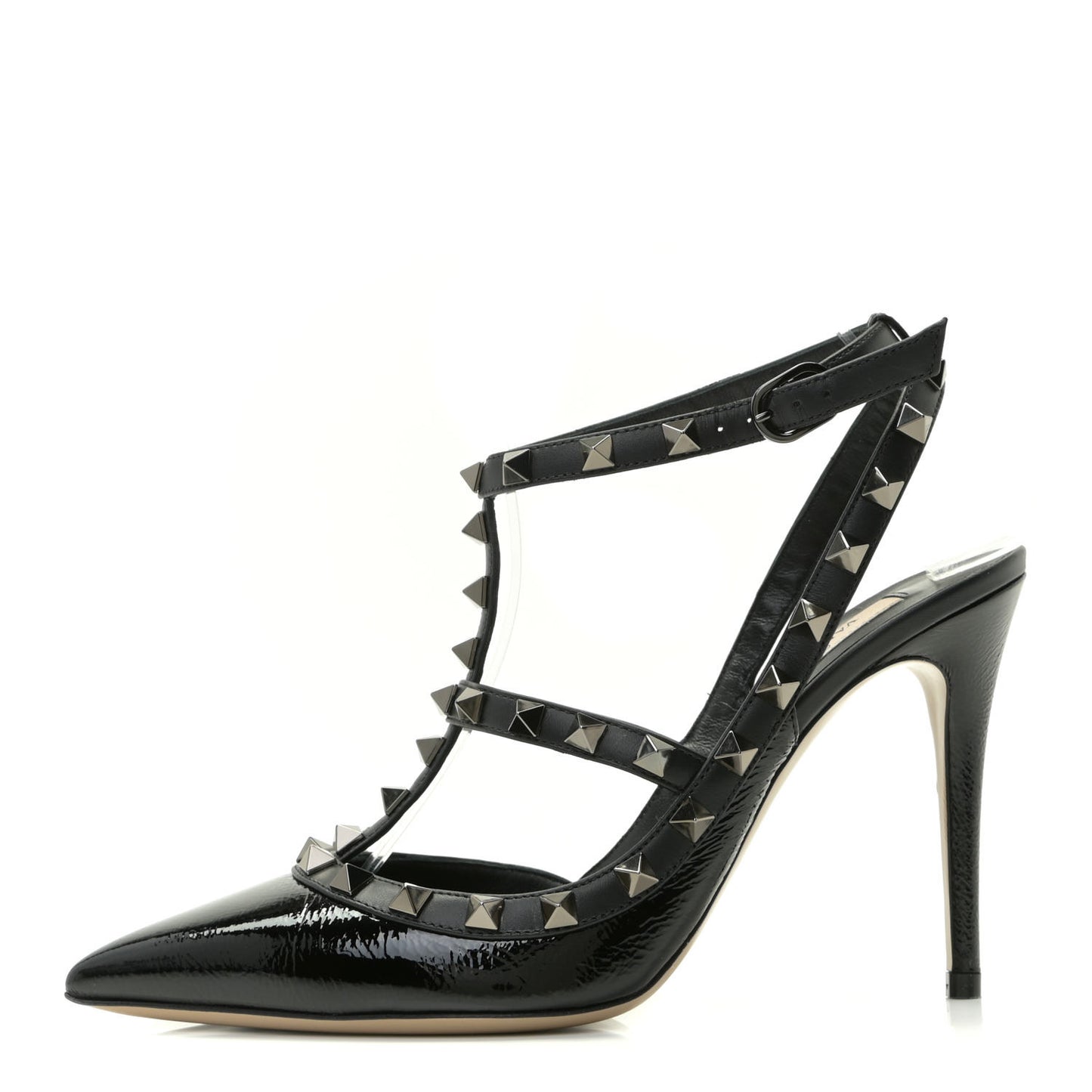 Crinkled Patent Rockstud Ankle Strap 100mm Pumps 37.5 Black