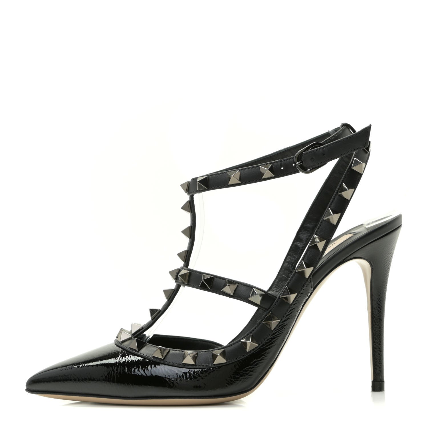 Valentino Garavani Crinkled Patent Rockstud Ankle Strap 100mm Pumps 37.5 Black 1 of 10