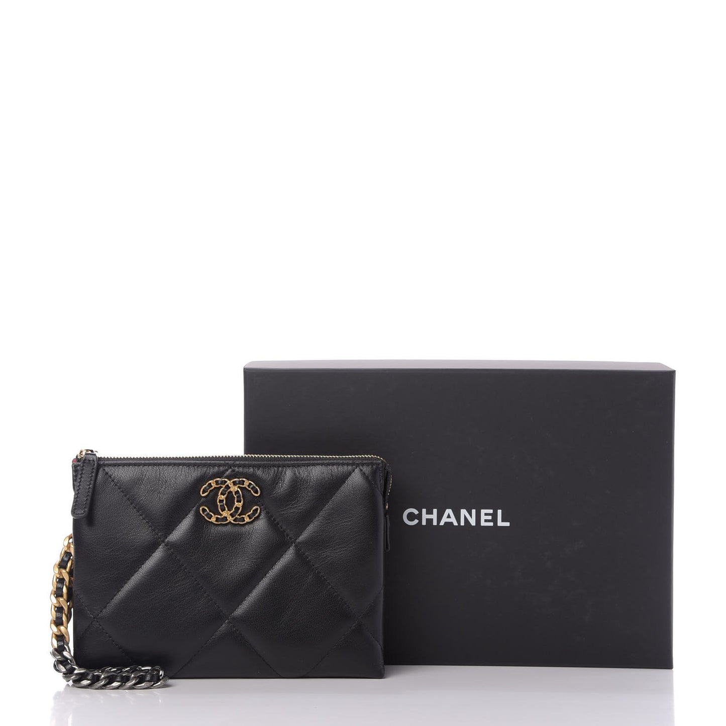 Shiny Goatskin Quilted Small Chanel 19 Pouch With Handle Black