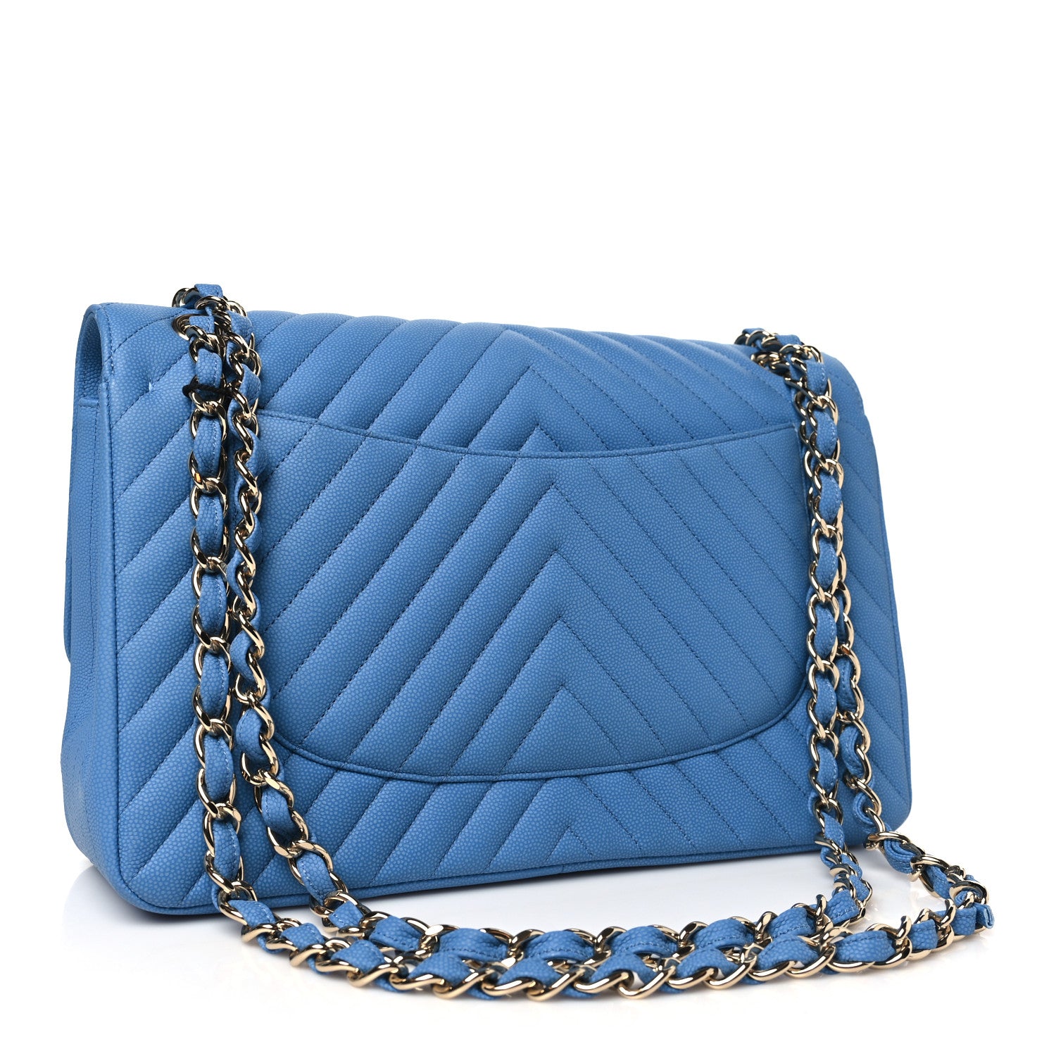 Chanel Caviar Flat Chevron Quilted Jumbo Double Flap Blue 3 of 11