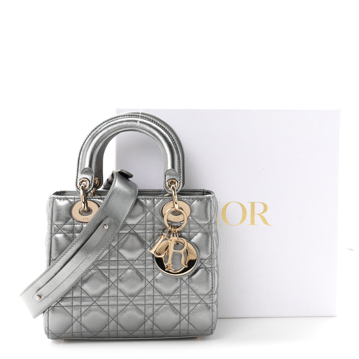 Metallic Lambskin Cannage Small My ABCDior Lady Dior Dark Silver