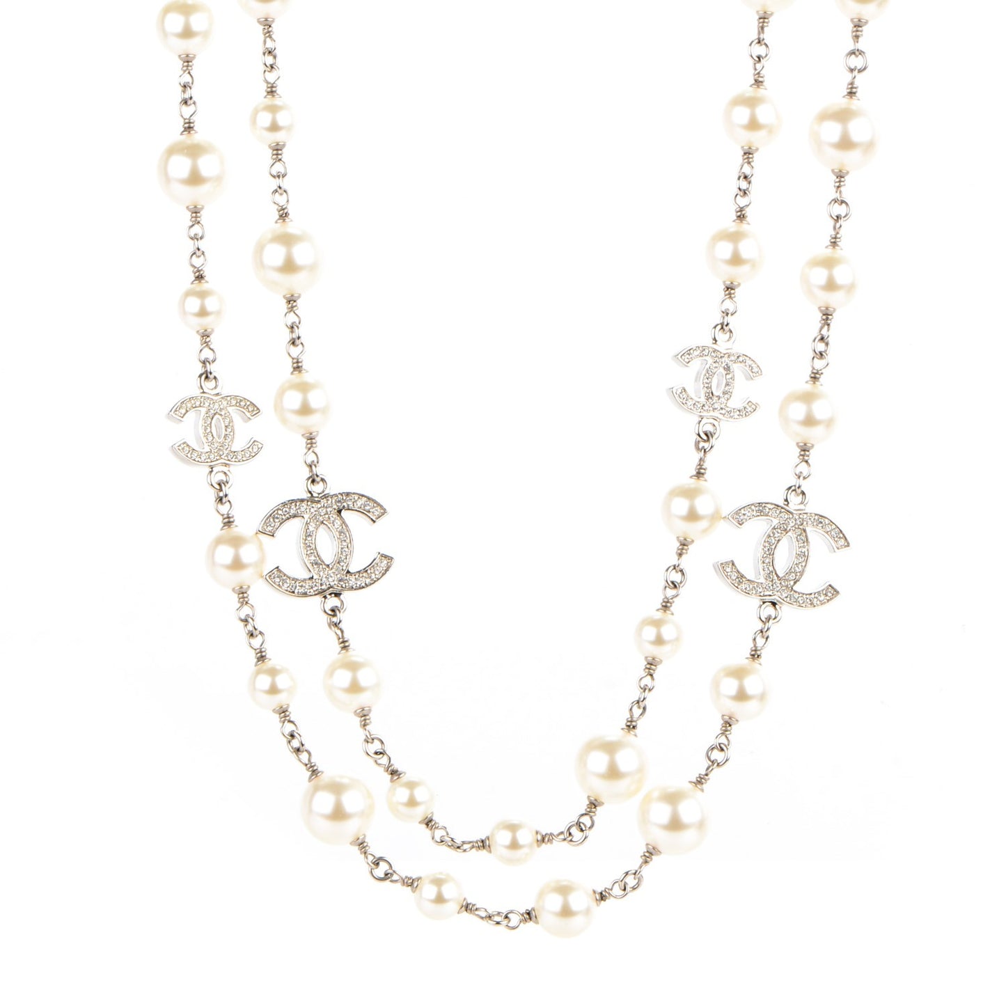 Crystal Pearl CC Long Necklace Silver
