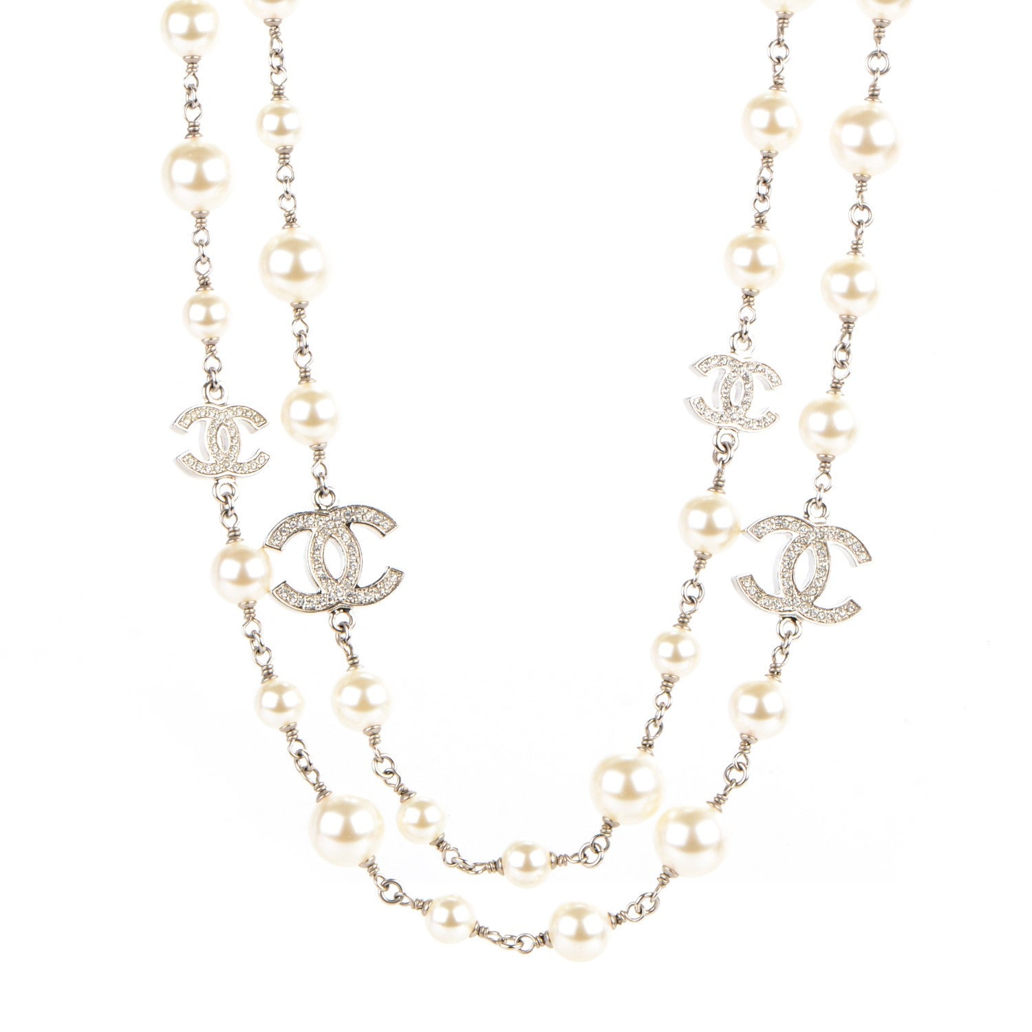 Chanel Crystal Pearl CC Long Necklace Silver 1 of 5