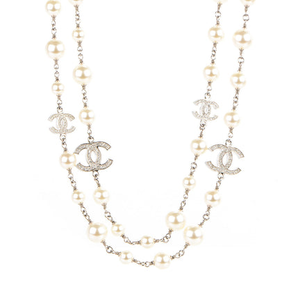 Chanel Crystal Pearl CC Long Necklace Silver 1 of 5