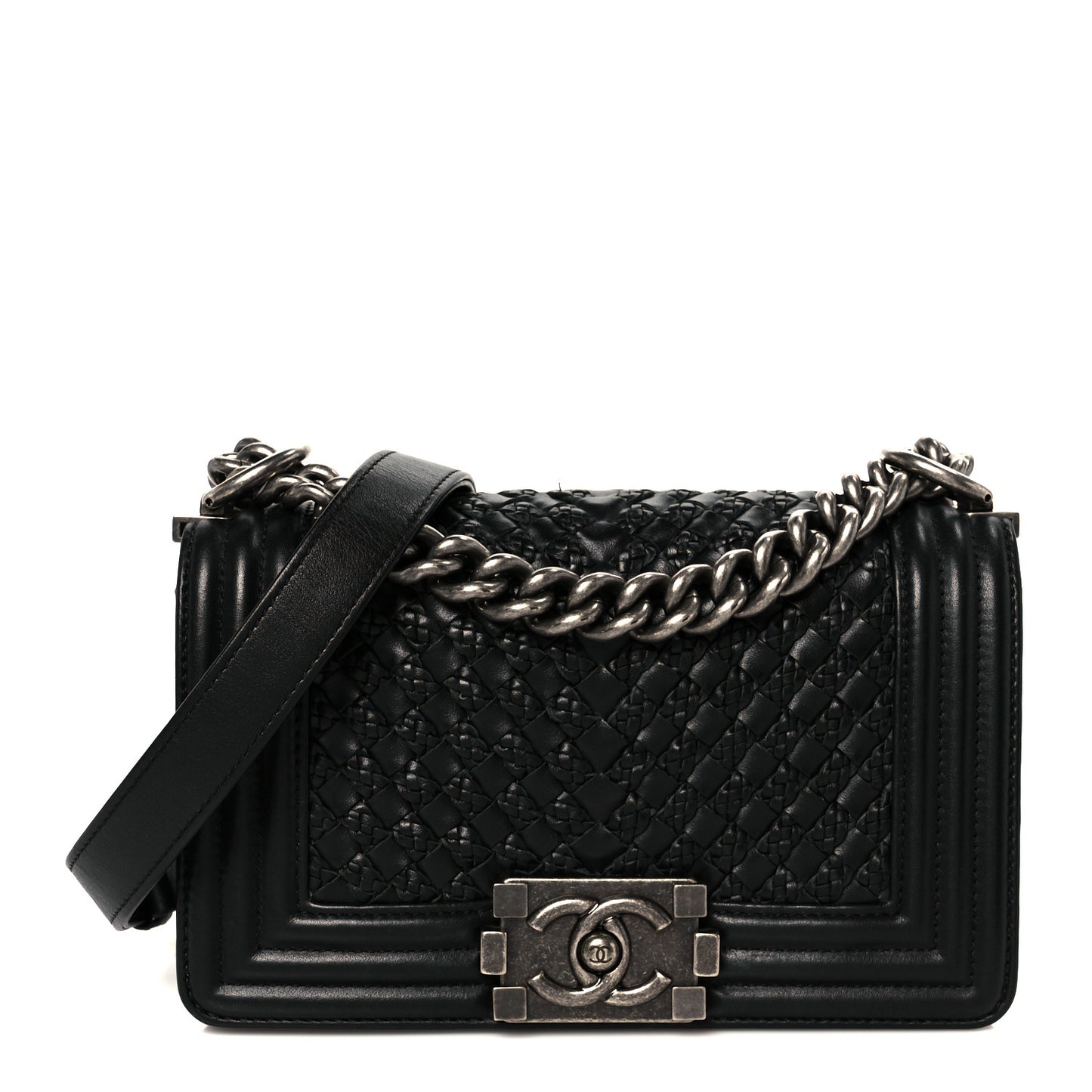 Lambskin Braided Woven Small Boy Flap Black