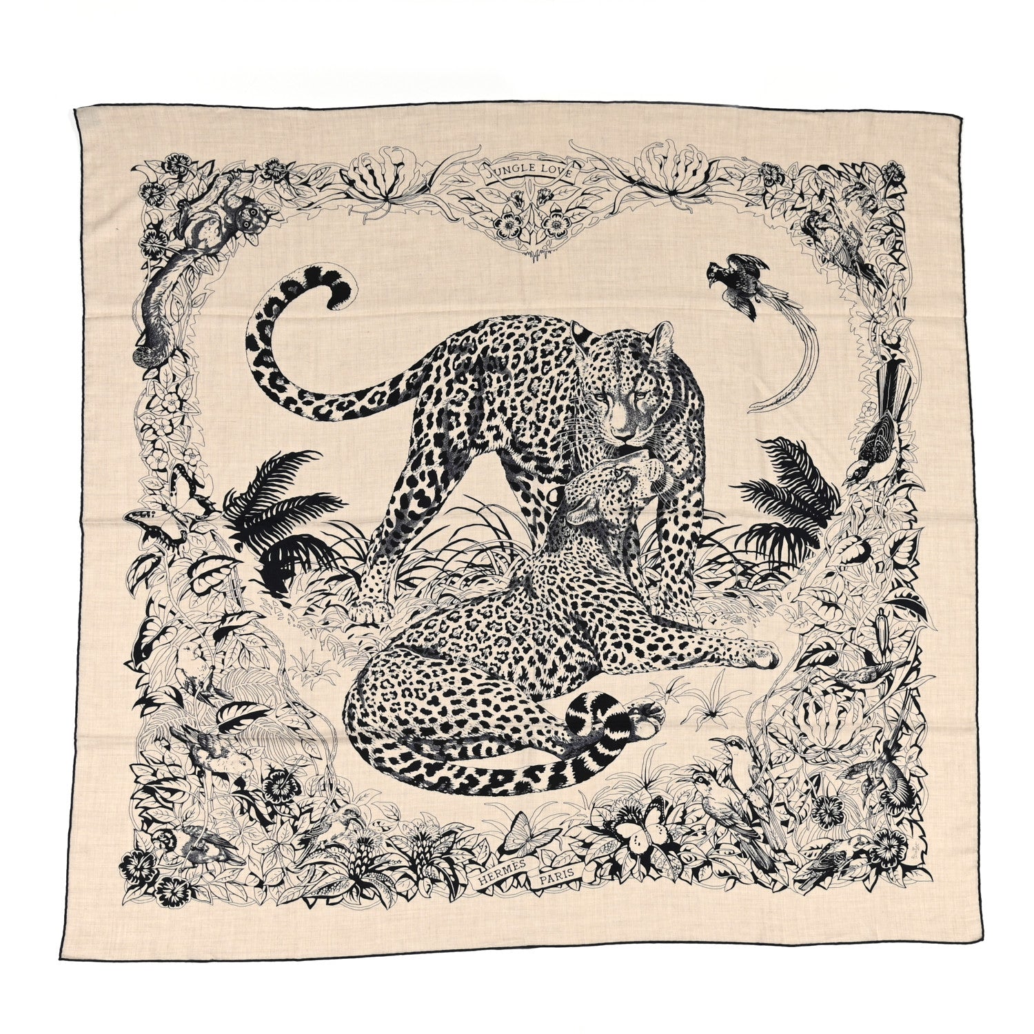 Hermes Cashmere Silk Jungle Love Tattoo Shawl 140 Natural Bleu Black 1 of 6