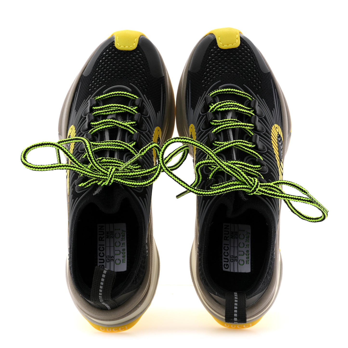 Technical Knit Fabric Waves Womens Gucci Run Sneakers 35 Black Silver Giallo Neon Yellow