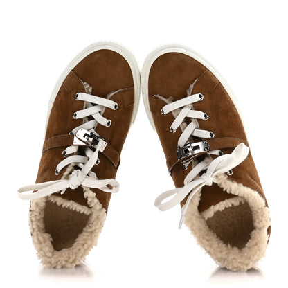 Hermes Suede Goatskin Woolskin Day Sneakers 38 Brun Fume Ecru 2 of 8