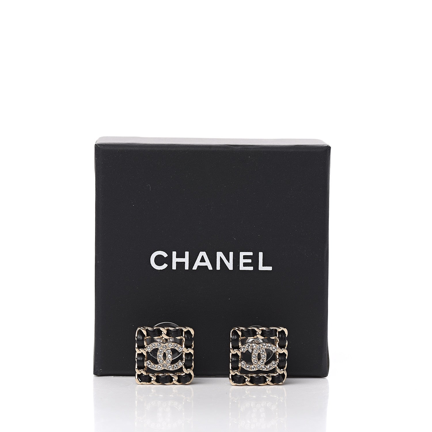 Chanel Crystal Lambskin Chain Sergeant Stud Earrings Black Gold 5 of 5
