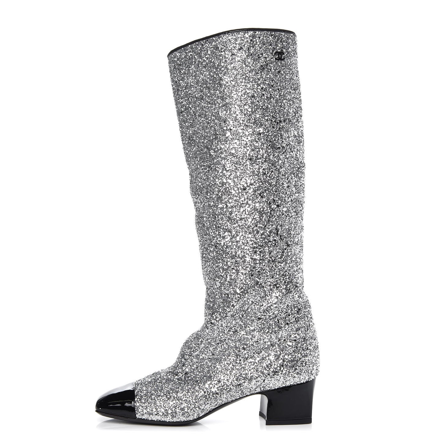 Glitter Patent Calfskin Cap Toe Fantasy High Boots 38.5 Silver Black