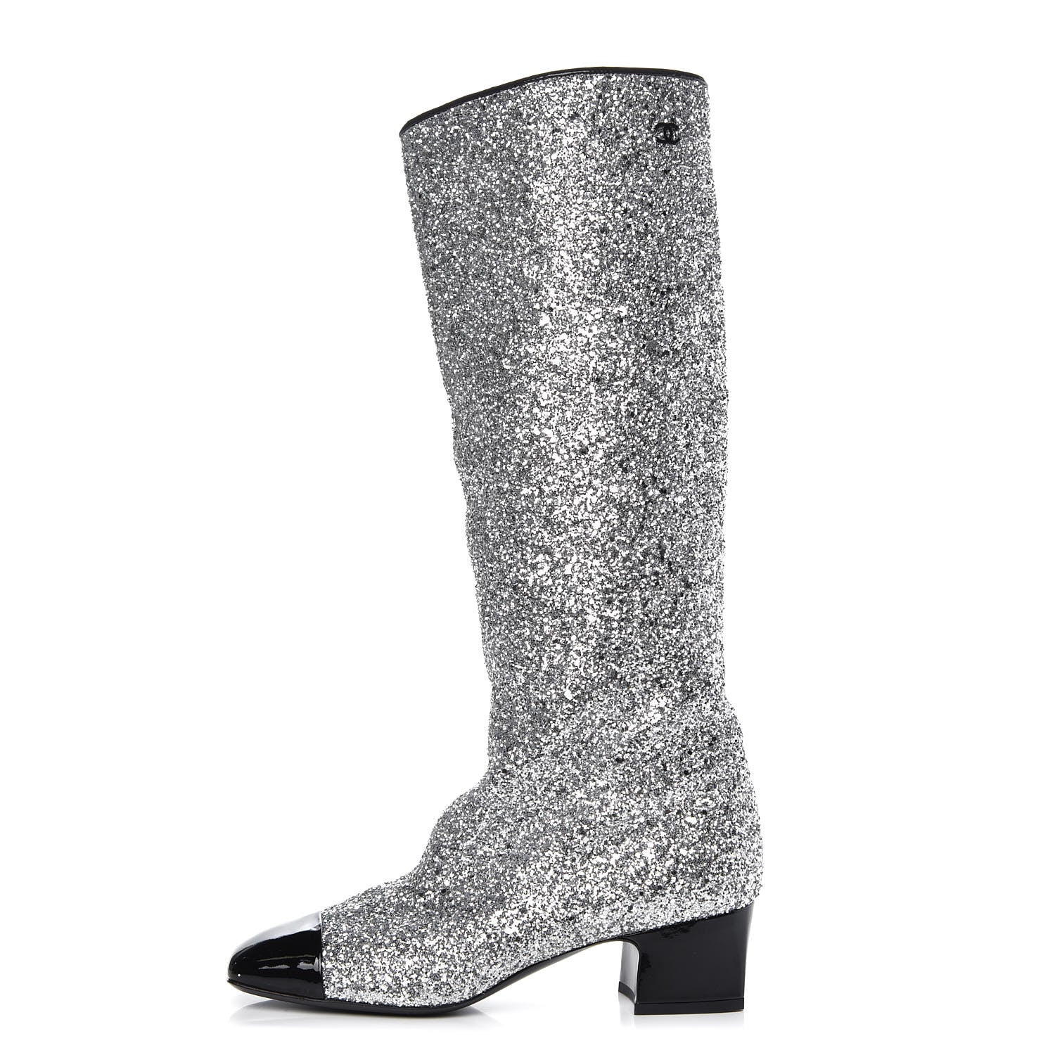 Chanel Glitter Patent Calfskin Cap Toe Fantasy High Boots 38.5 Silver Black 1 of 8