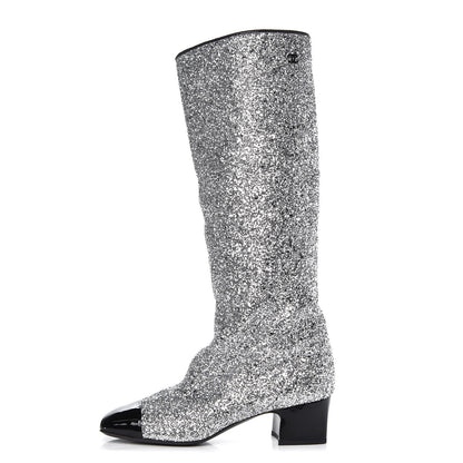 Chanel Glitter Patent Calfskin Cap Toe Fantasy High Boots 38.5 Silver Black 1 of 8