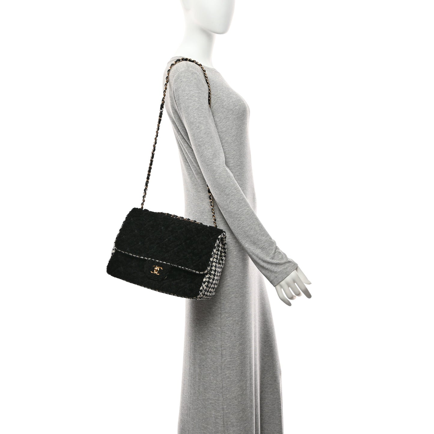 Shearling Tweed Jumbo Single Flap Black White