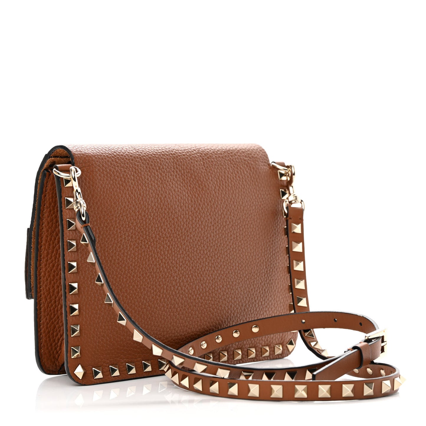 Pebbled Calfskin Rockstud Side Slip Crossbody Tan