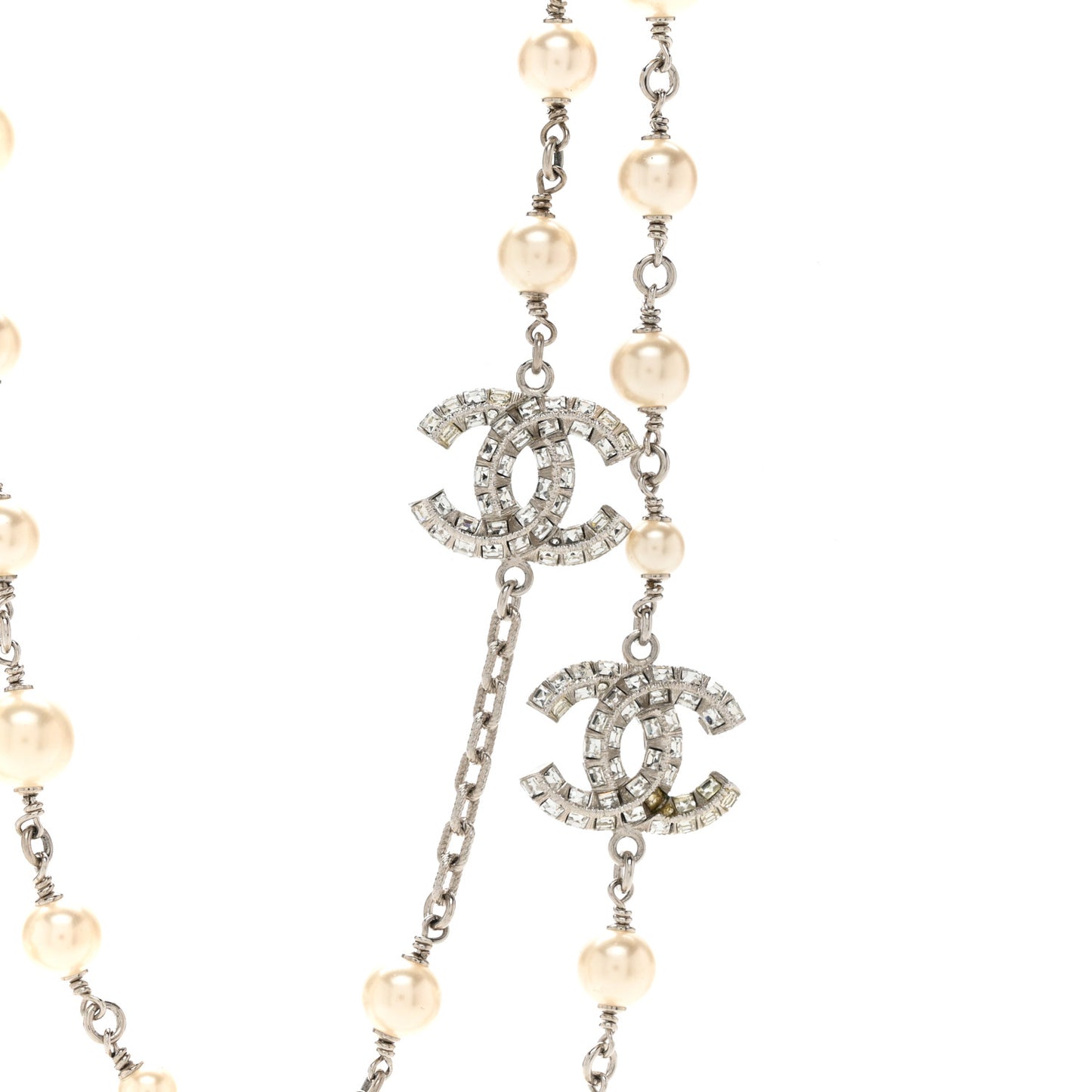 Pearl Baguette Crystal CC Long Necklace Silver