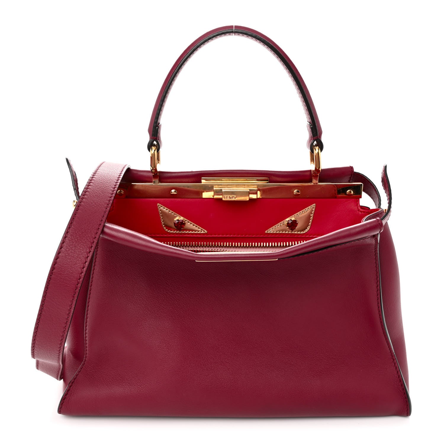 Fendi Vitello Seta Shiny Nappa Vitello Mirror Crystal Monster Eyes Medium Peekaboo Iconic Satchel Amarena Fiamma 1 of 12