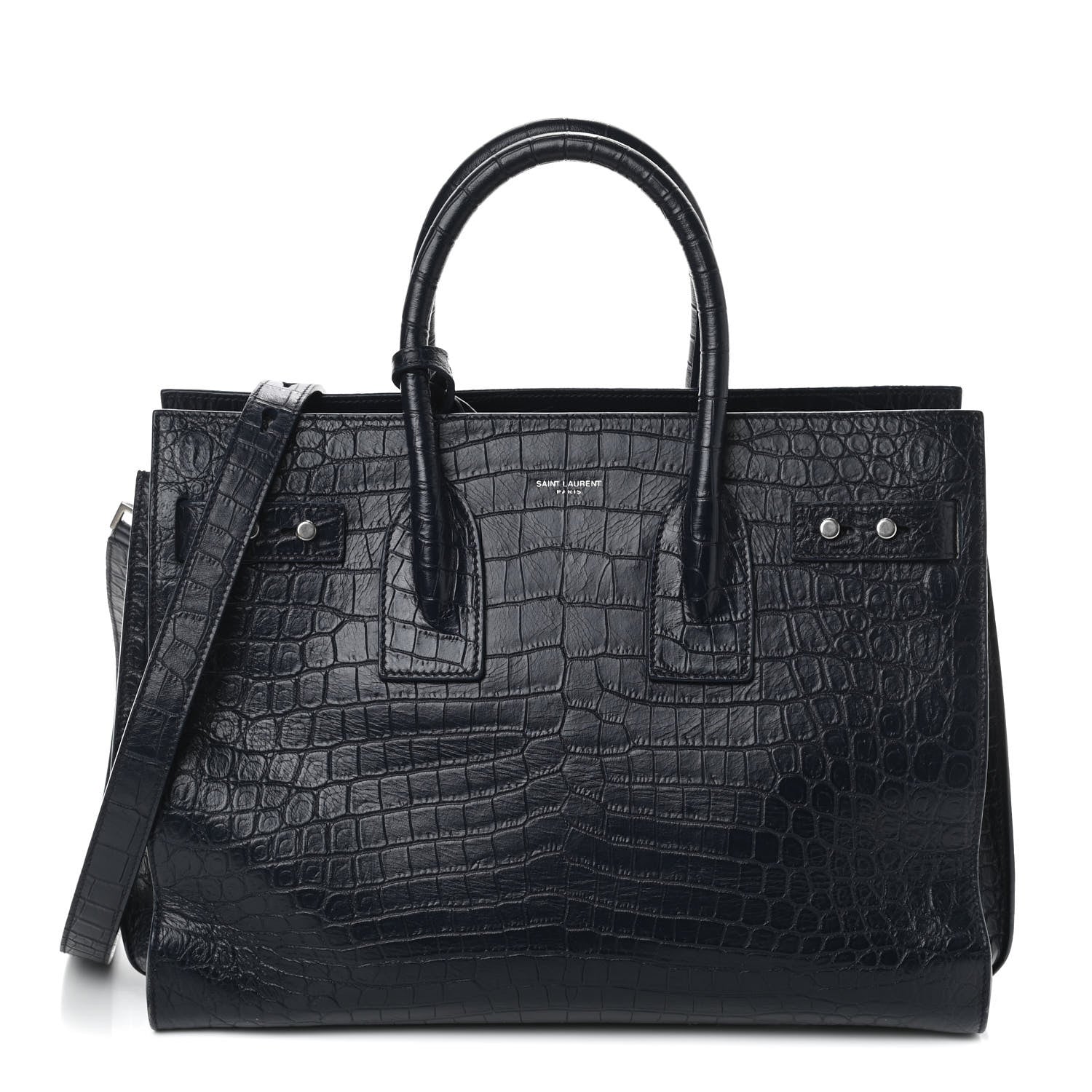 Saint Laurent Calfskin Crocodile Embossed Small Supple Sac de Jour Navy 1 of 9