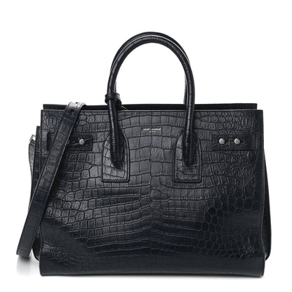 Saint Laurent Calfskin Crocodile Embossed Small Supple Sac de Jour Navy 1 of 9