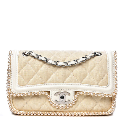 Chanel Canvas Quilted Pearl Trim Medium Flap Beige 1 of 16
