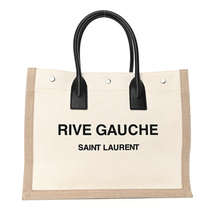 Saint Laurent Linen Calfskin Small Rive Gauche Tote Greggio Natural 1 of 9