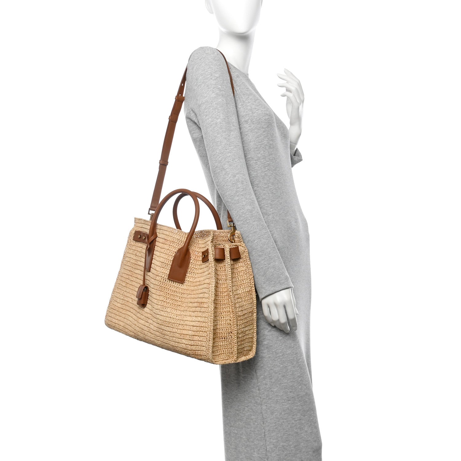 Saint Laurent Raffia Calfskin Medium Souple Sac De Jour Naturale Brick 2 of 11