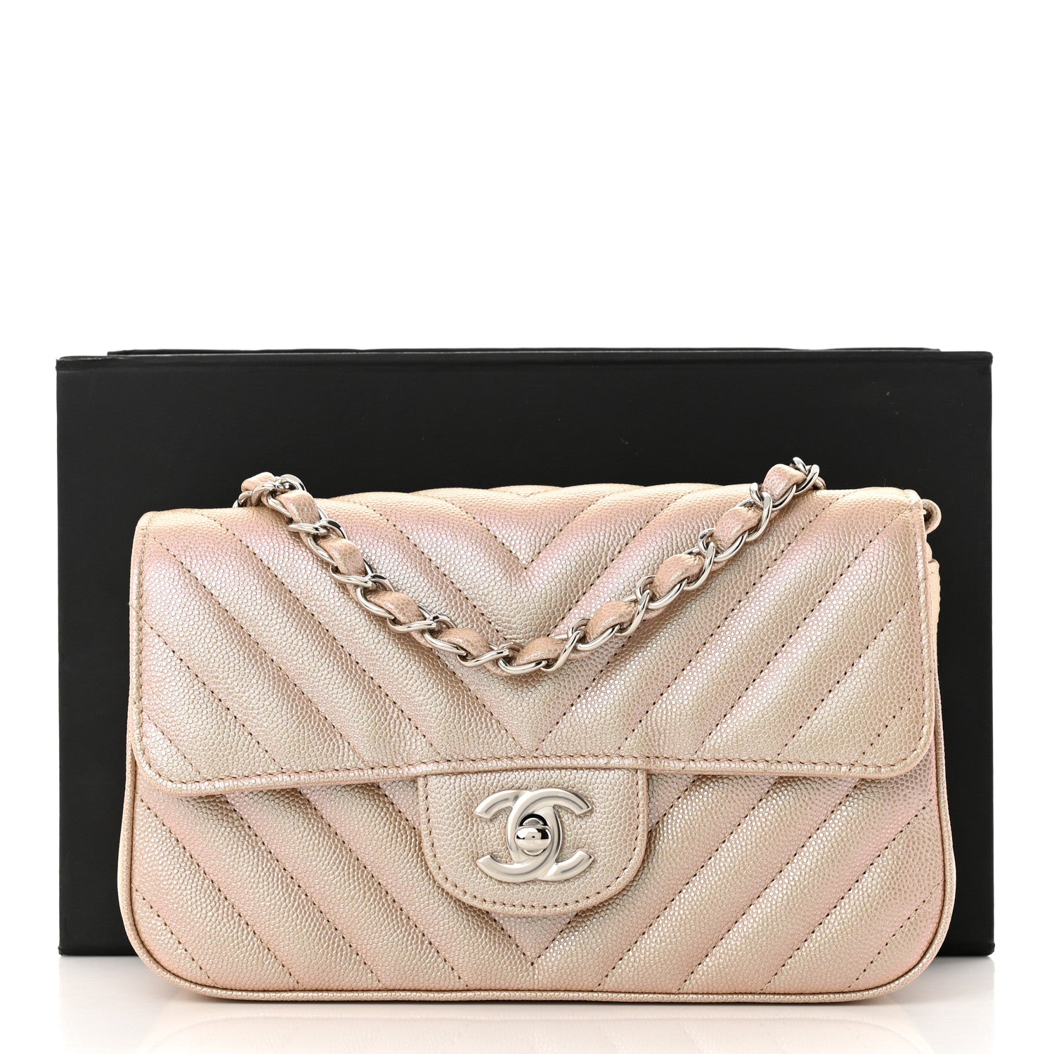 Chanel Iridescent Caviar Chevron Quilted Mini Rectangular Flap Light Gold 11 of 11