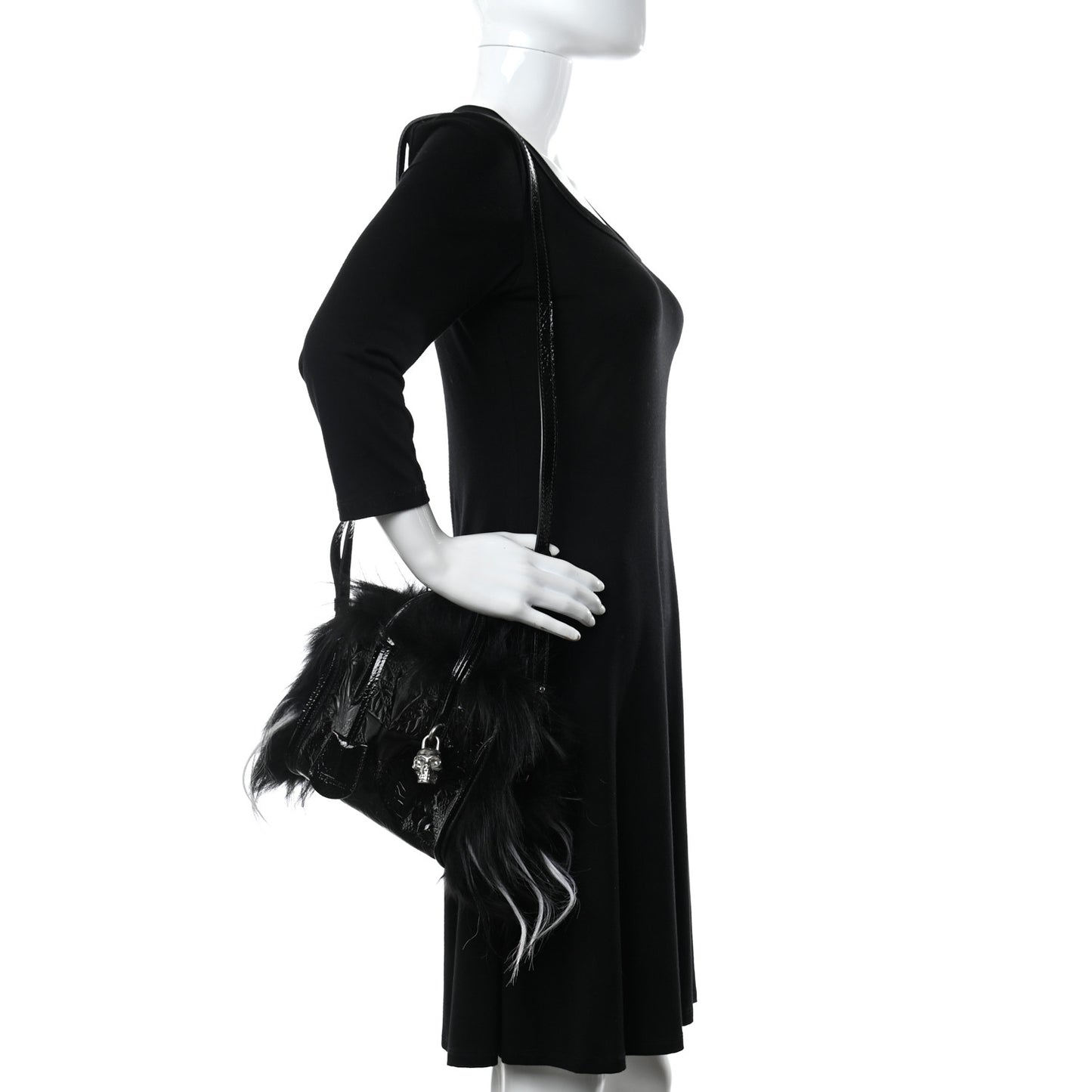 Patent Faux Fur Mini Skull Padlock Zip Around Tote Black