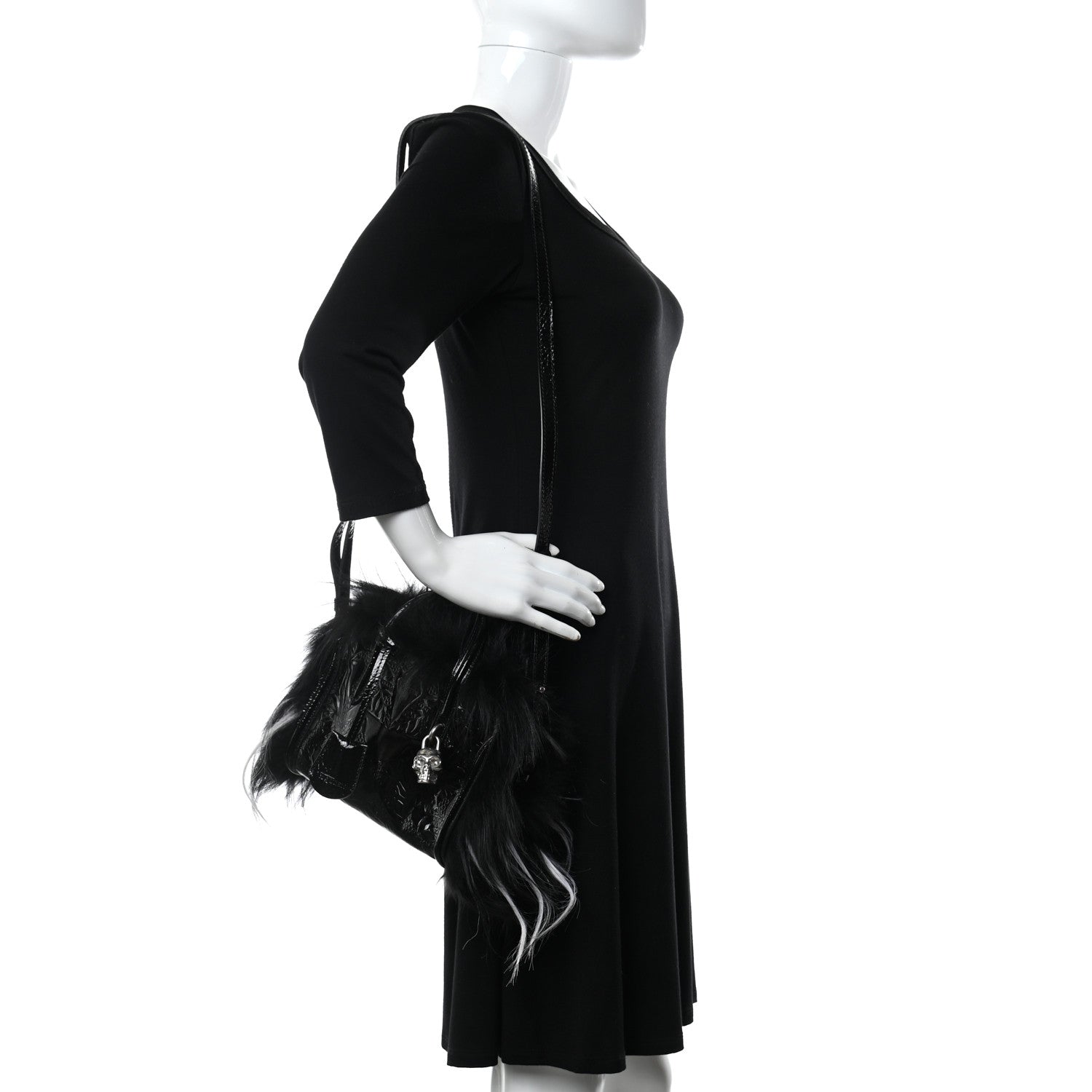 Alexander McQueen Patent Faux Fur Mini Skull Padlock Zip Around Tote Black 2 of 10