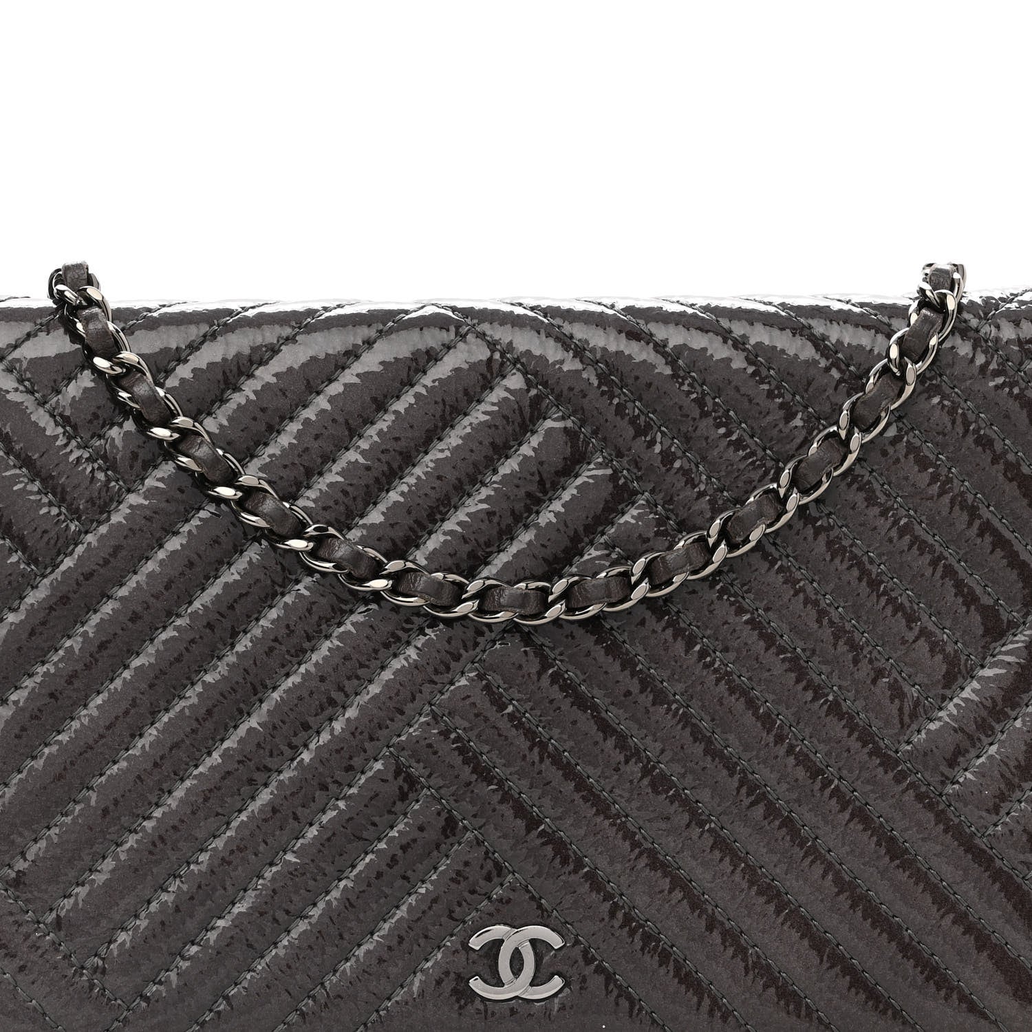 Chanel Distressed Patent Chevron Quilted CC Crossing Wallet On Chain WOC Grey 9 of 14