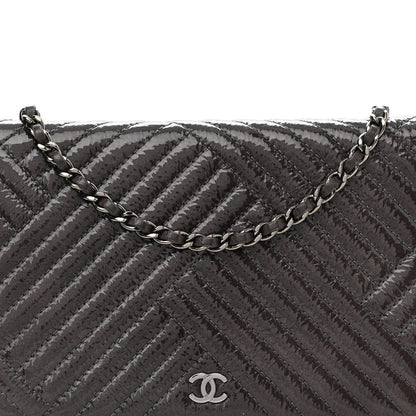 Chanel Distressed Patent Chevron Quilted CC Crossing Wallet On Chain WOC Grey 9 of 14