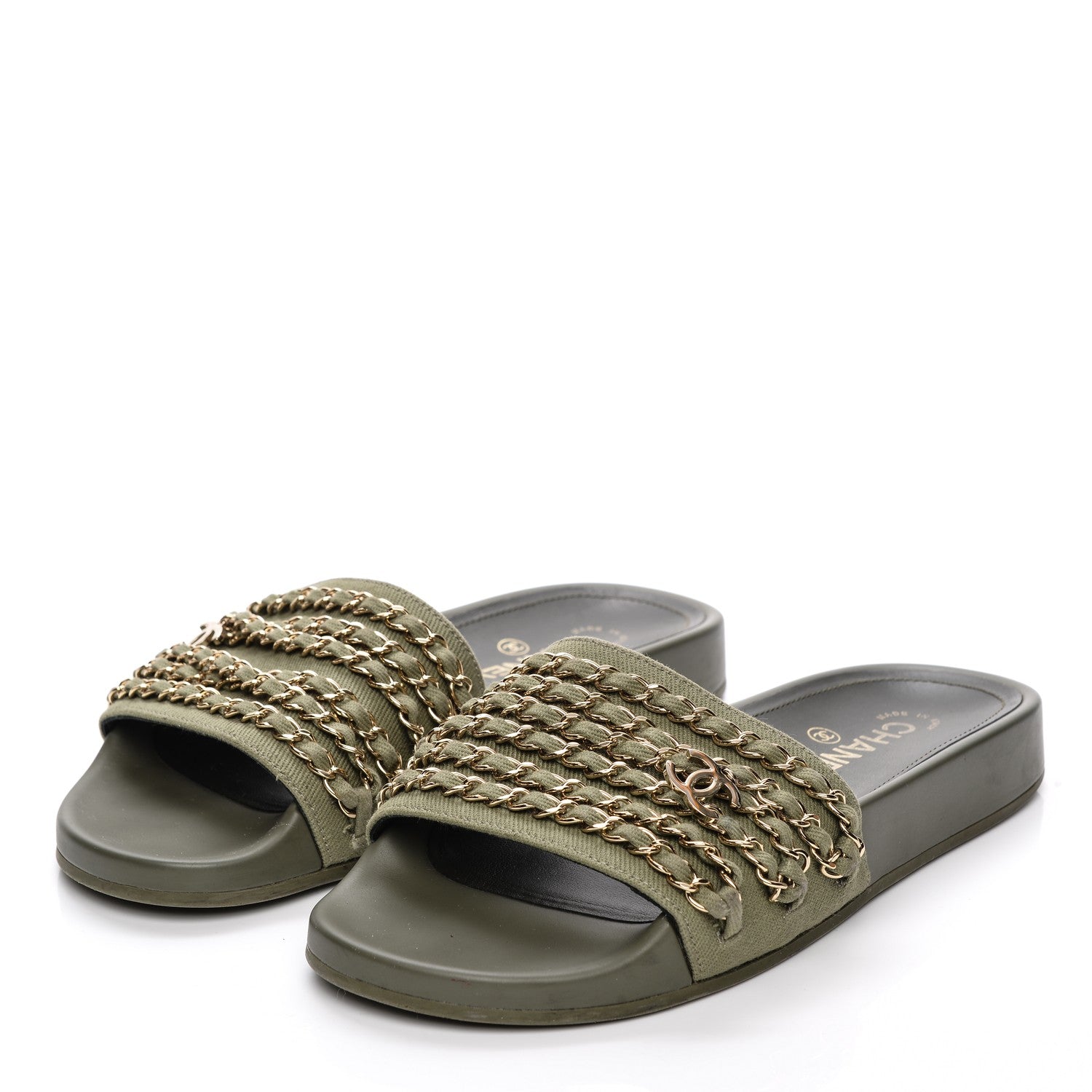 Chanel Canvas Chain Flat Sandals 38 Khaki 3 of 8
