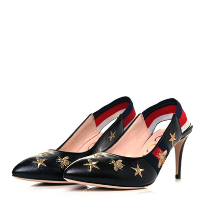 Gucci Malaga Kid Web Bee Star Embroidered Sylvie High Heel Slingback Pumps 37.5 Black 3 of 9
