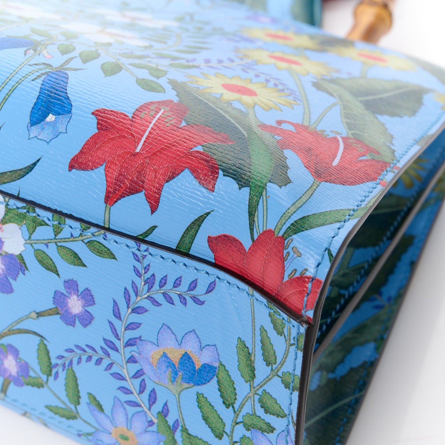 Calfskin Bamboo Web New Flora Small Nymphaea Top Handle Bag Azure