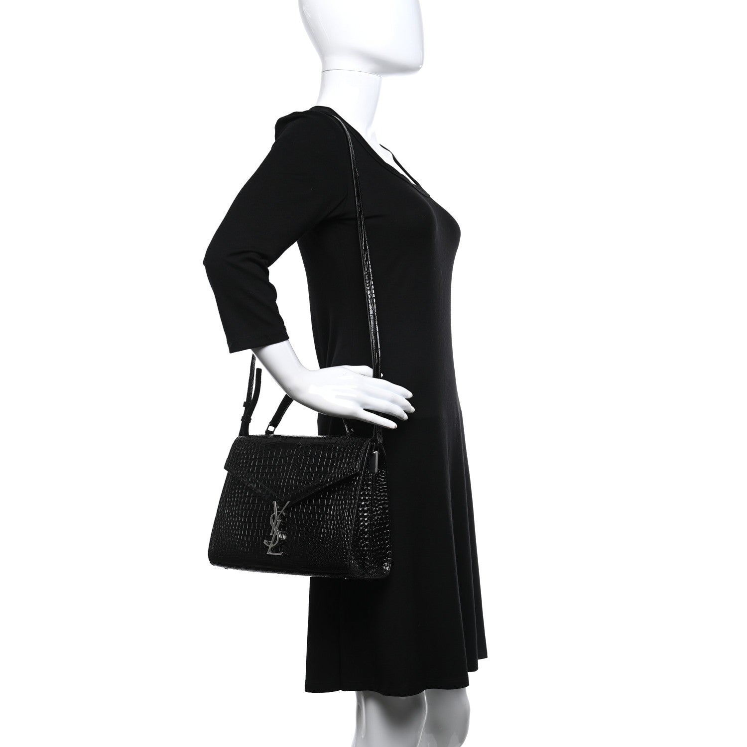 Saint Laurent Calfskin Crocodile Embossed Medium Classic Monogram Cassandra Top Handle Black Rouge Legion 2 of 8