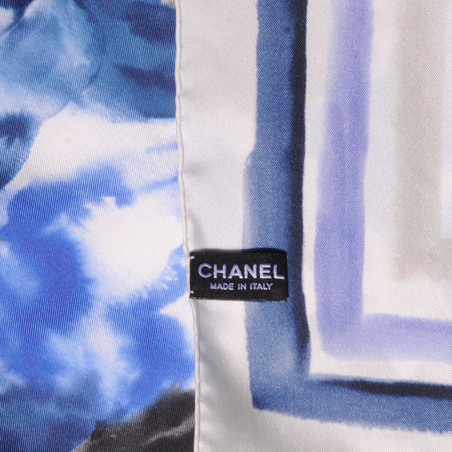 Chanel Silk CC Watercolor Camellia Flower Scarf White Blue 4 of 5