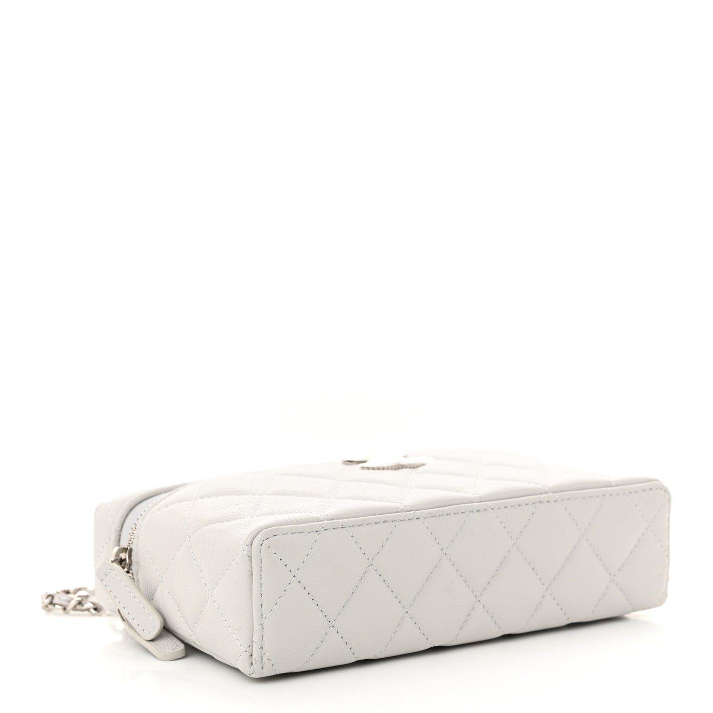 Caviar Quilted Ridged CC Top Handle Slim Vanity Case With Chain Light Grey