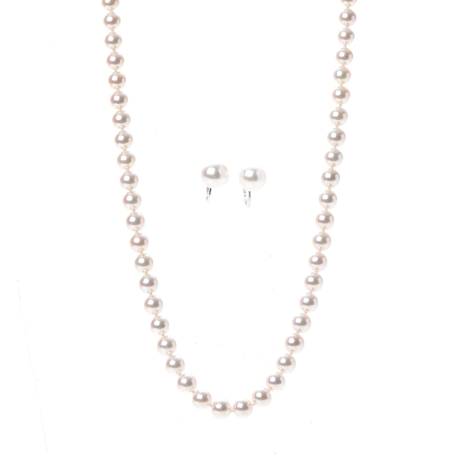 18K White Gold Akoya 7.5mm 22 Inch Pearl Strand Necklace Earring Set