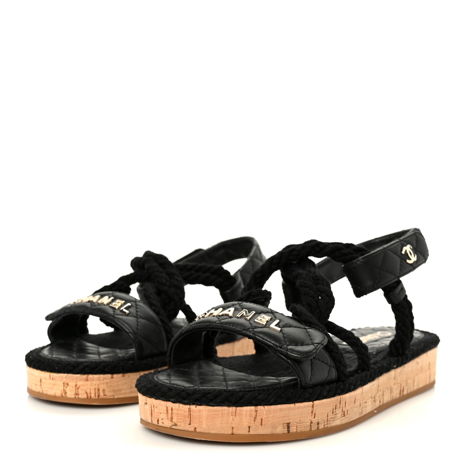 Chanel Cord Lambskin Quilted Logo Sandals 37 Black 4 of 11