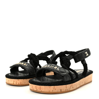 Chanel Cord Lambskin Quilted Logo Sandals 37 Black 4 of 11